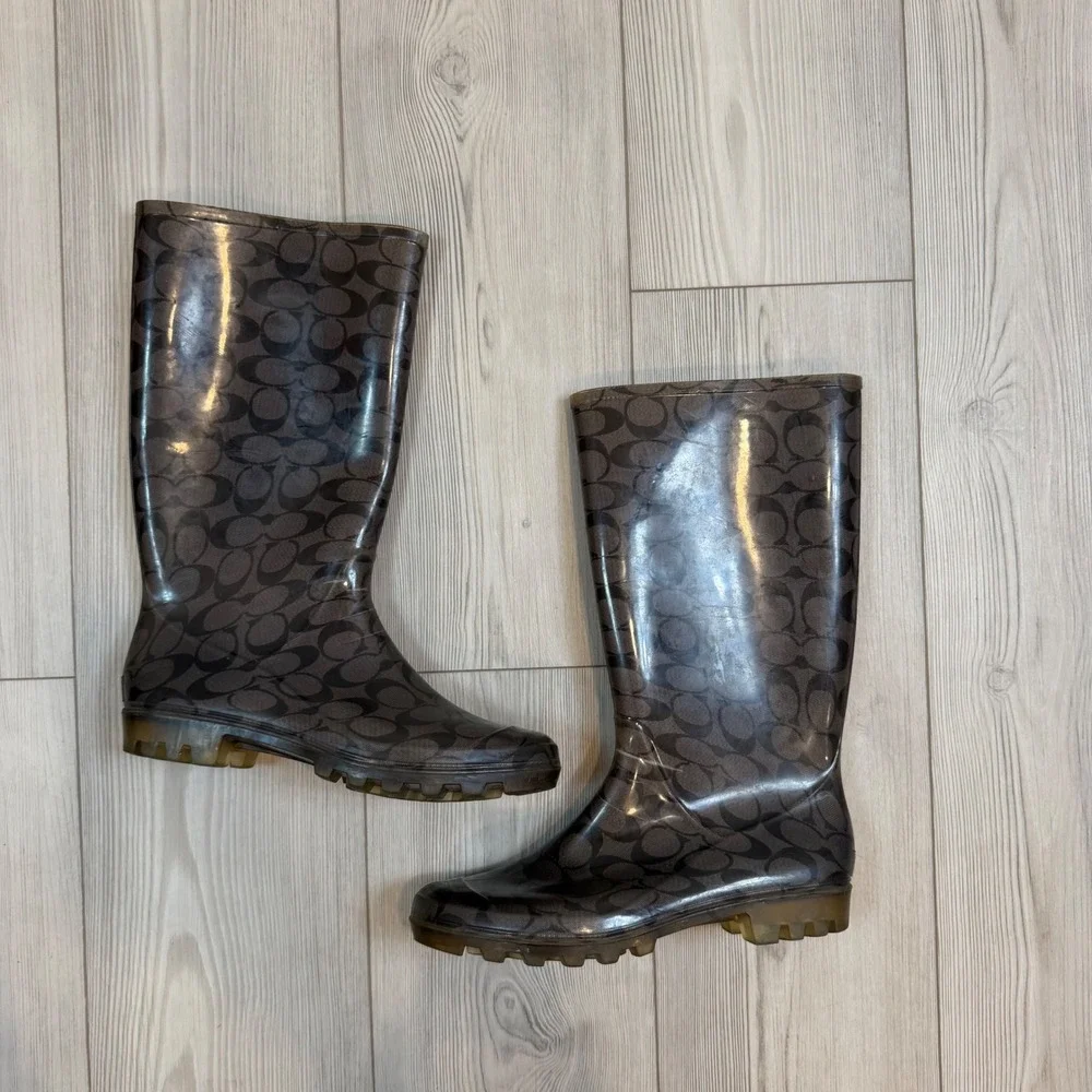 Coach Pixy Gold Brown Monogram Rubber Rain Waterproof Tall Boots Womens 10